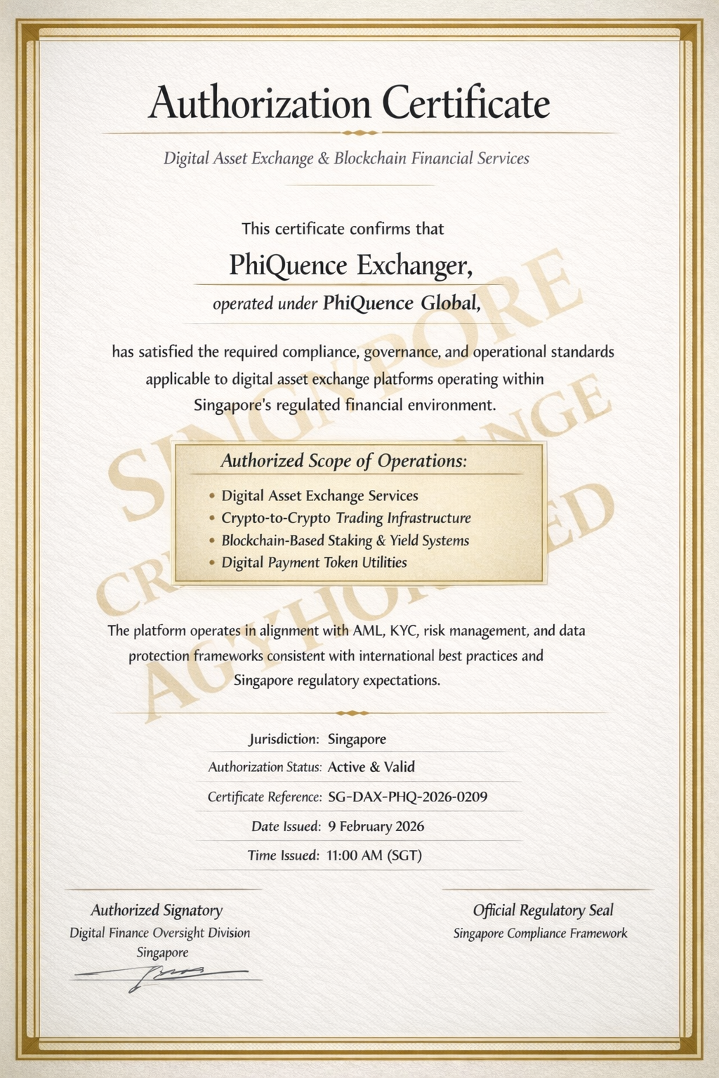 Authorization Certificate for PhiQuence Exchanger